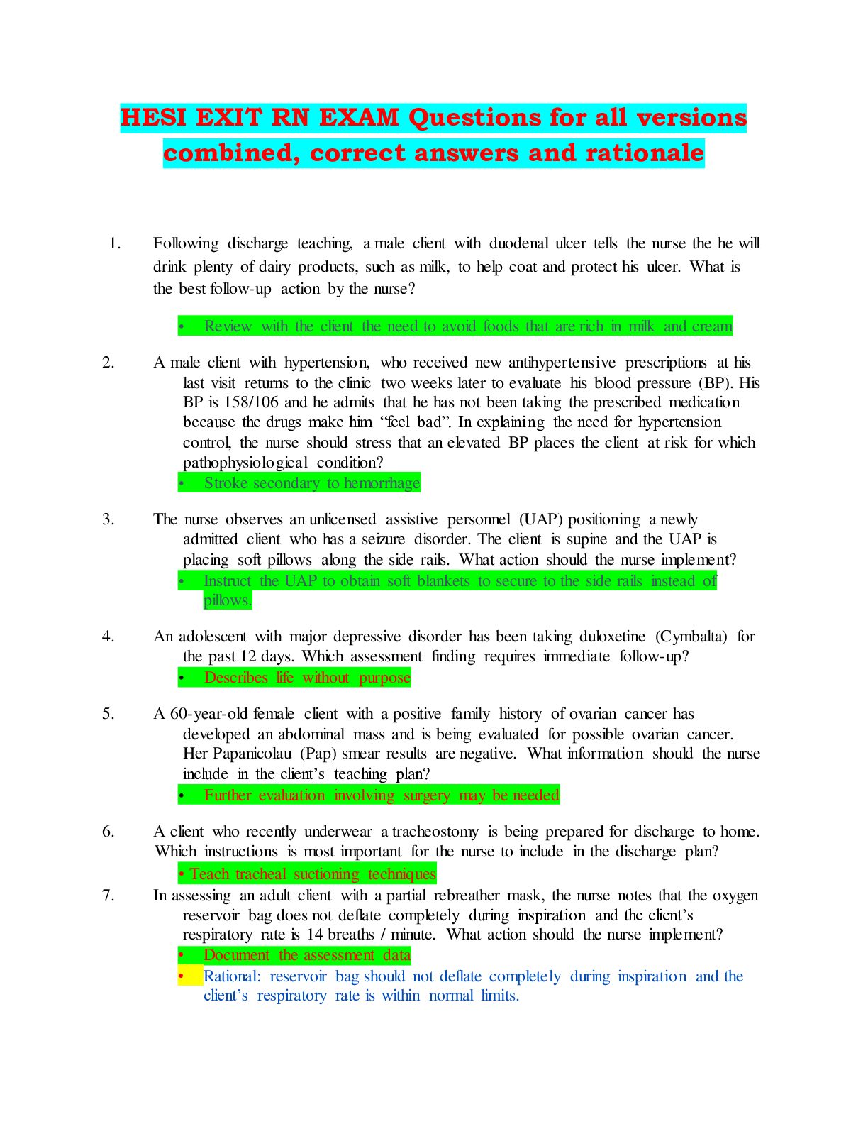 HESI EXIT RN EXAM Questions for all versions combined, correct answers and rationale